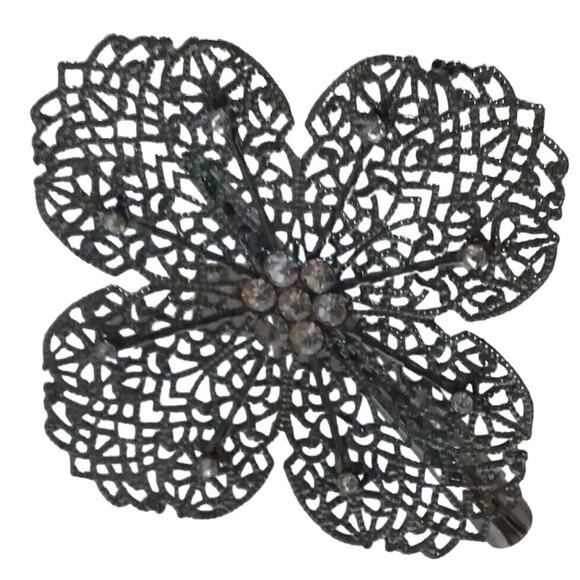 Metallic Rhinestone Flower Hair Clip Large Intricate Metal Work Gray Duckbill - Picture 2 of 8